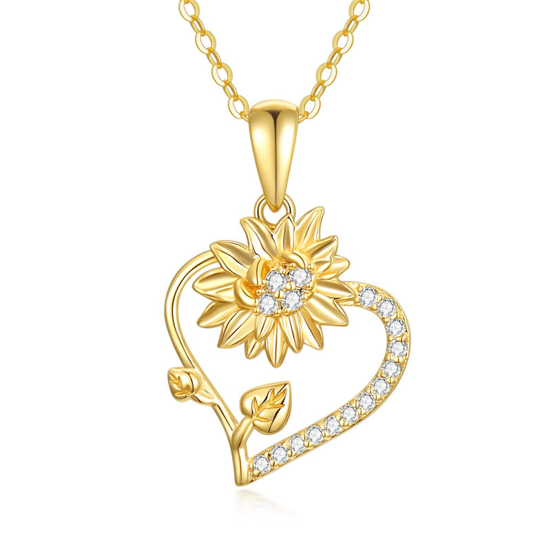 14K Gold Sunflower Heart Pendant Necklace