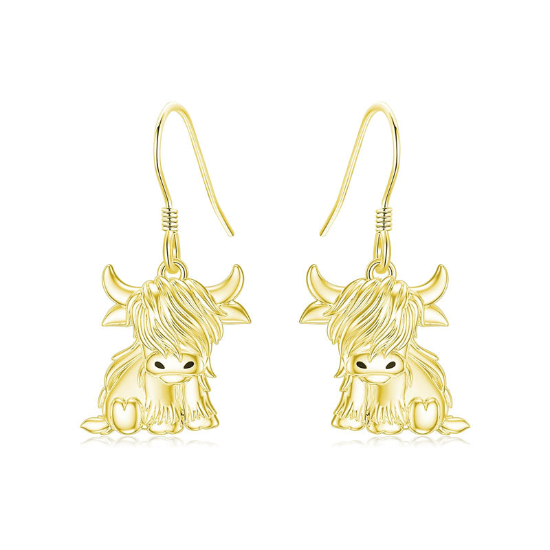10K 14K 18K Gold Highland Cow Animal Earrings