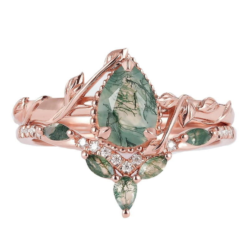 Sterling Silver 10K 14K 18K Gold  Personalized  Engraved Natural Moss Agate Engagement Bridal Wedding Ring Set