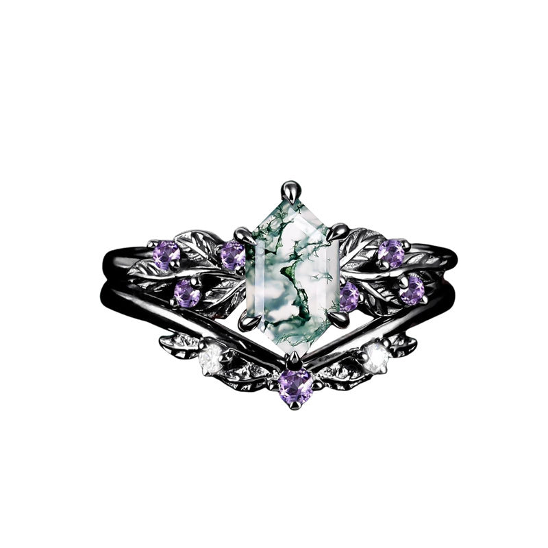 Sterling Silver 10K 14K 18K Long Hexagon Leaf Unique Vine Moss Agate Engagement Wedding Anniversary Ring Set