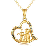 14K Gold Sister Brother Heart Pendant Necklace With Engraved