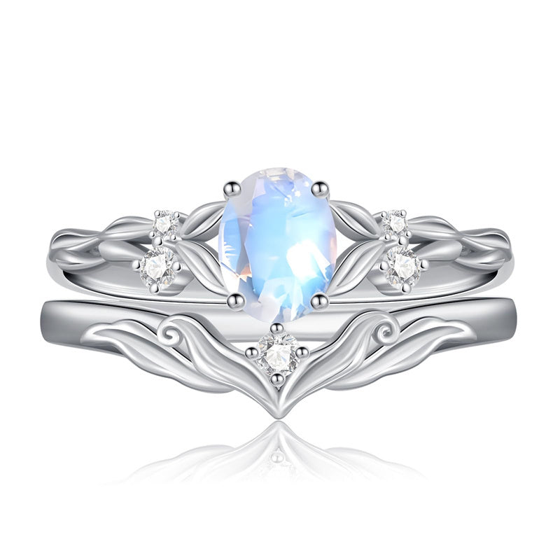 Sterling Silver 10K 14K 18K Gold  Oval Cut Unique Vine Gemstone Wedding Ring Set