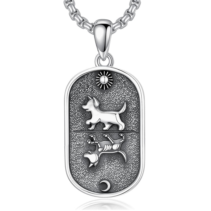 Sterling Silver Sun and Moon Skeleton Cat Dog Pendant Necklace