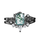 Sterling Silver Personalized Engraved Moss Agate Bridal Wedding Promise Engagement Ring Set for Women