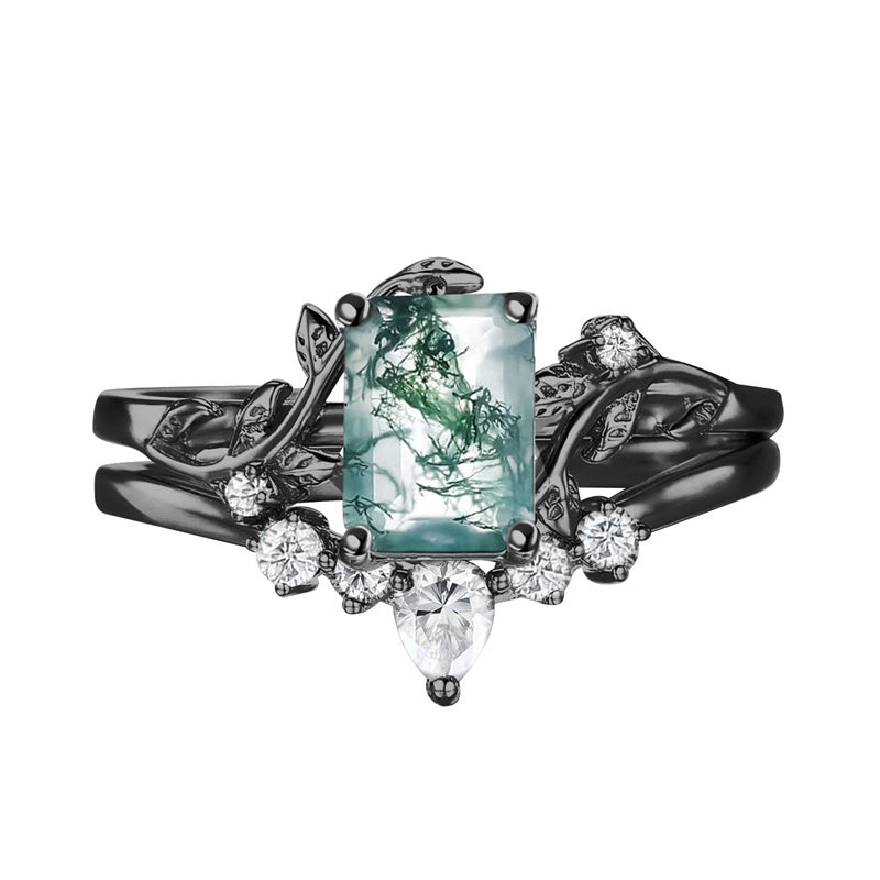 Sterling Silver Personalized Engraved Moss Agate Bridal Wedding Promise Engagement Ring Set for Women