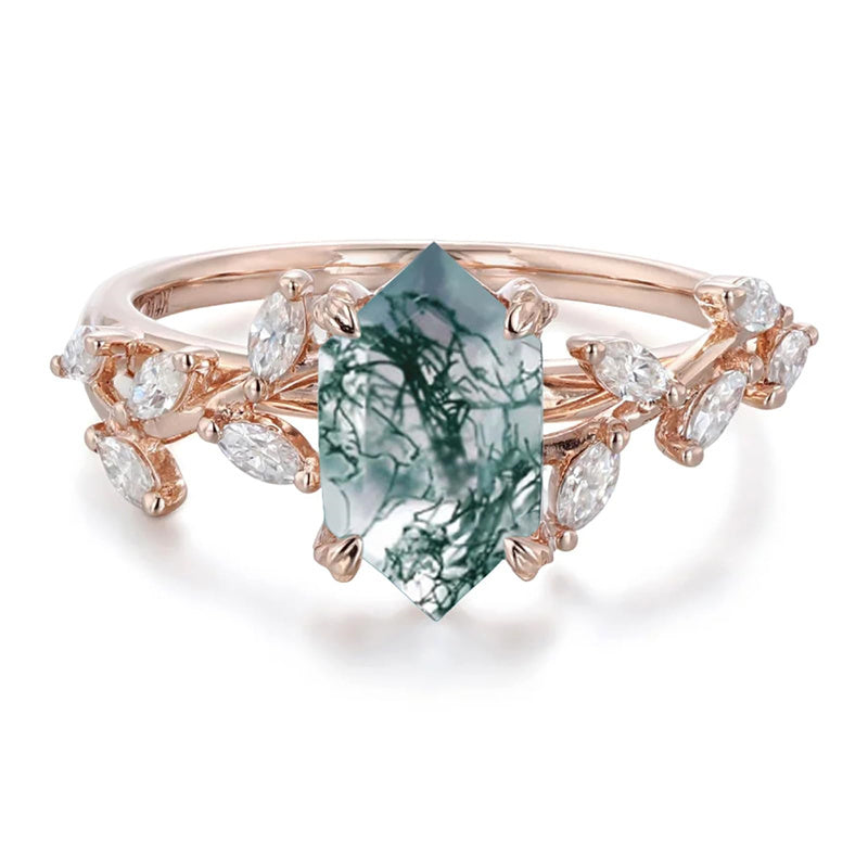 Sterling Silver 10K 14K 18K 2CT Natural Moss Agate Leaf Engagement Wedding Promise Rings Set