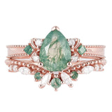 Sterling Silver 10K 14K 18K Gold  Personalized  Engraved Natural Moss Agate Engagement Bridal Wedding Ring Set