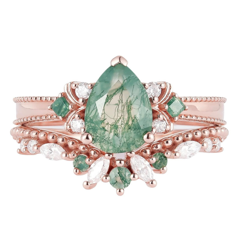 Sterling Silver 10K 14K 18K Gold  Personalized  Engraved Natural Moss Agate Engagement Bridal Wedding Ring Set