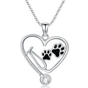 Stethoscope Necklace 925 Sterling Silver Nurse Necklace Veterinary Pendant Necklace with Dog Paw Nurse Jewelry Gifts for Veterinarian Nurse Students