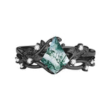 Sterling Silver Personalized Engraved Moss Agate Bridal Wedding Promise Engagement Ring Set for Women