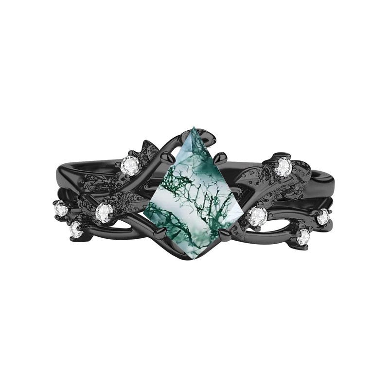 Sterling Silver Personalized Engraved Moss Agate Bridal Wedding Promise Engagement Ring Set for Women