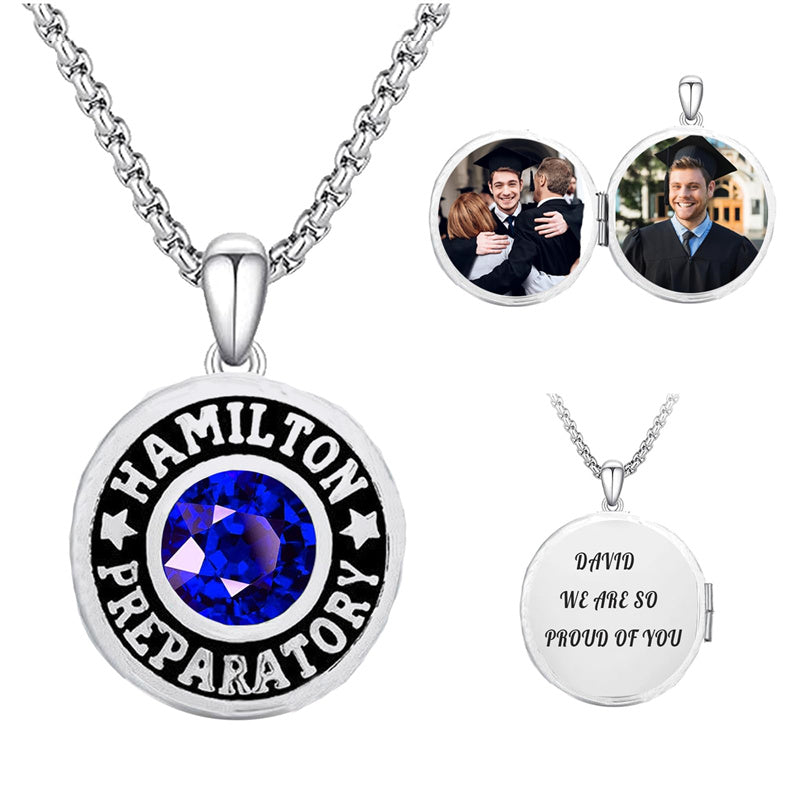 Sterling Silver Custom Birthstone Photo Engraved Class High School College Graduation Necklace