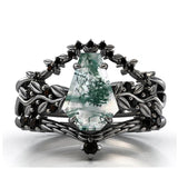 Sterling Silver Personalized Engraved Hexagon Moss Agate Engagement Black Ring Set Bridal Rings Set