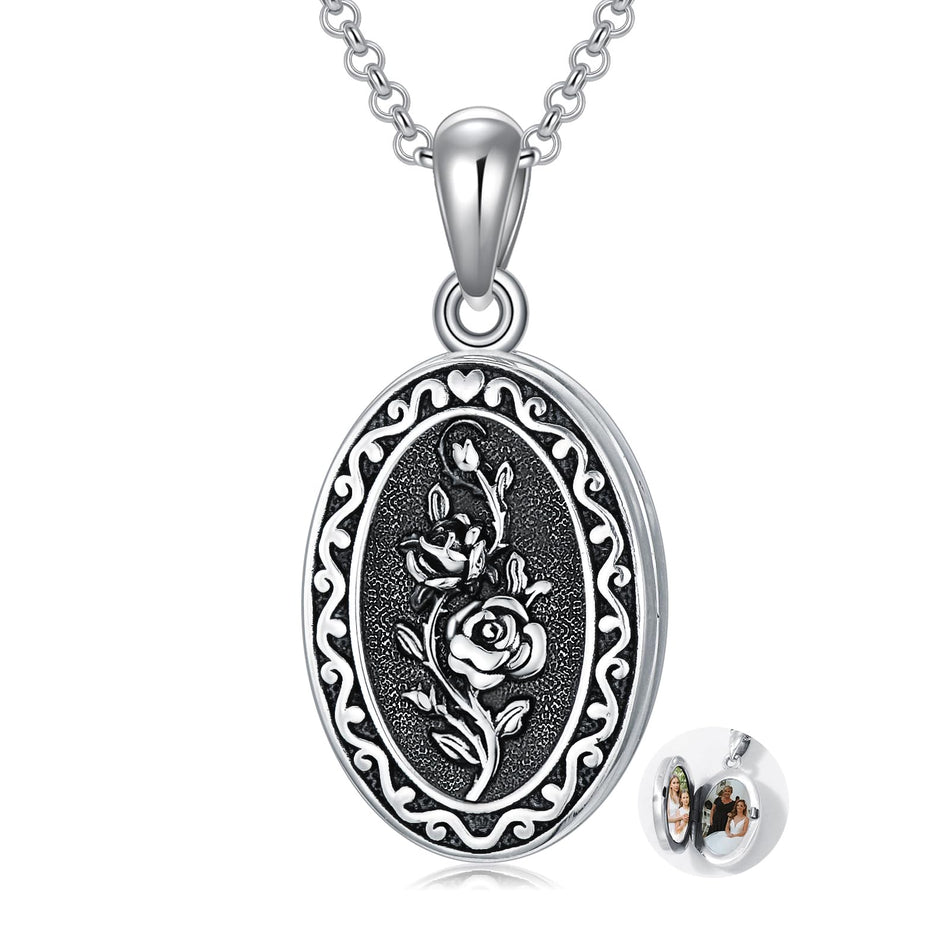 Sterling Silver Personalized Photo 12 Month Birth Flower Pendant Necklace