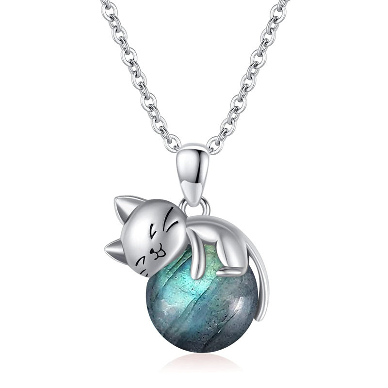 14K Gold Turquoise Larimar Labradorite Moss Agate Blue Sandstone  Cat Pendant Necklace