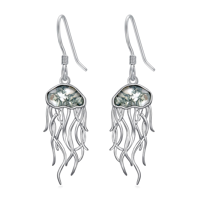 Sterling Silver Moss Agate Jellyfish Dangle Earrings
