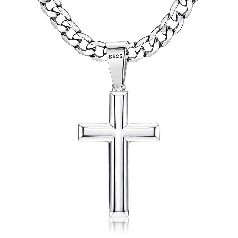 Sterling Silver Cross Pendant Necklace with 5mm Stainless Steel  Cuban Link Chain