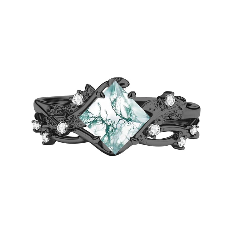 Sterling Silver Personalized Engraved Moss Agate Bridal Wedding Promise Engagement Ring Set for Women