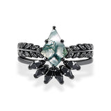 Sterling Silver Personalized Engraved 10K 14K 18K Gold Kite Moss Agate Bridal Promise Wedding Ring Set