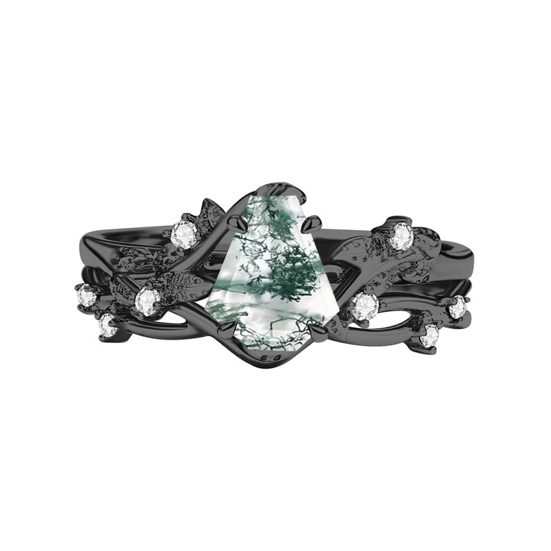 Sterling Silver Personalized Engraved Moss Agate Bridal Wedding Promise Engagement Ring Set for Women