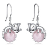 Sterling Silver Rose Quartz Birthstone Cat Dangle Earrings