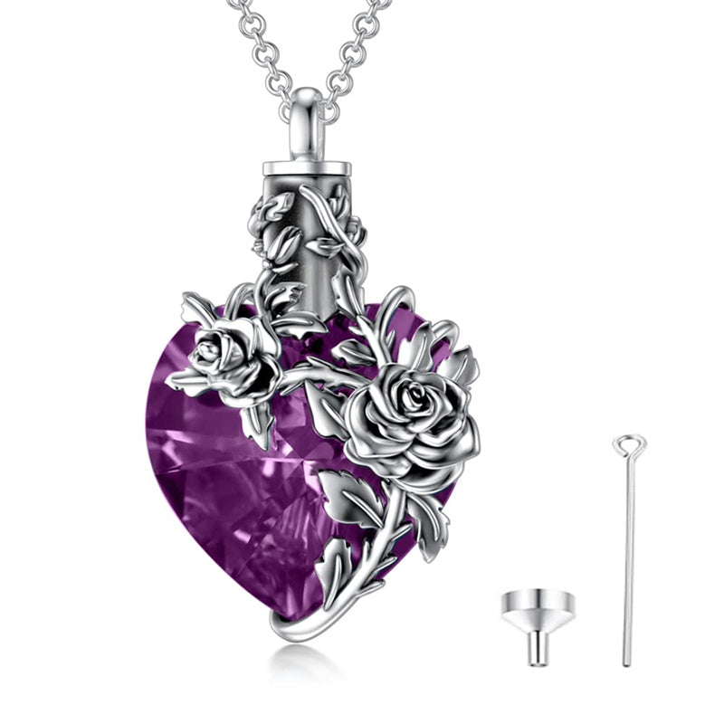 Sterling Silver Heart TearDangle Crystal Rose Cremation Urn Necklace for Ashes