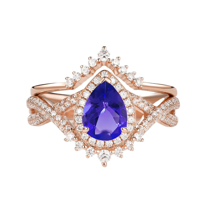 Sterling Silver 10K 14K 18K Gold  Pear Shaped Gemstone Engagement Rings Set