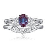 Sterling Silver 10K 14K 18K Gold  Oval Cut Unique Vine Gemstone Wedding Ring Set