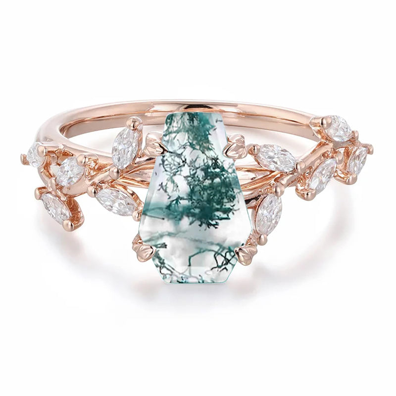 Sterling Silver 10K 14K 18K 2CT Natural Moss Agate Leaf Engagement Wedding Promise Rings Set