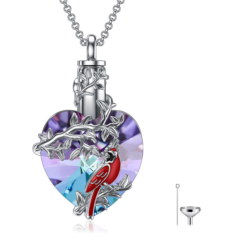 Sterling Silver Heart Crystal Red Cardinal Urn Necklace for Ashes