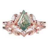 Sterling Silver 10K 14K 18K Gold  Personalized  Engraved Natural Moss Agate Engagement Bridal Wedding Ring Set