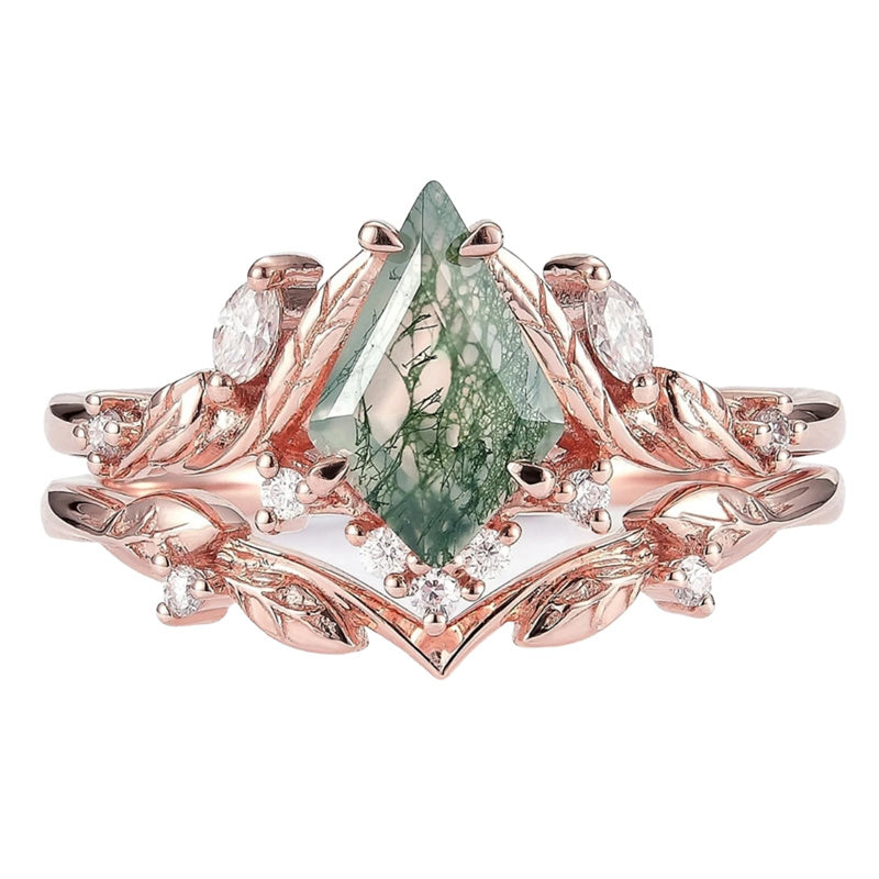 Sterling Silver 10K 14K 18K Gold  Personalized  Engraved Natural Moss Agate Engagement Bridal Wedding Ring Set