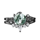 Sterling Silver Personalized Engraved Moss Agate Bridal Wedding Promise Engagement Ring Set for Women