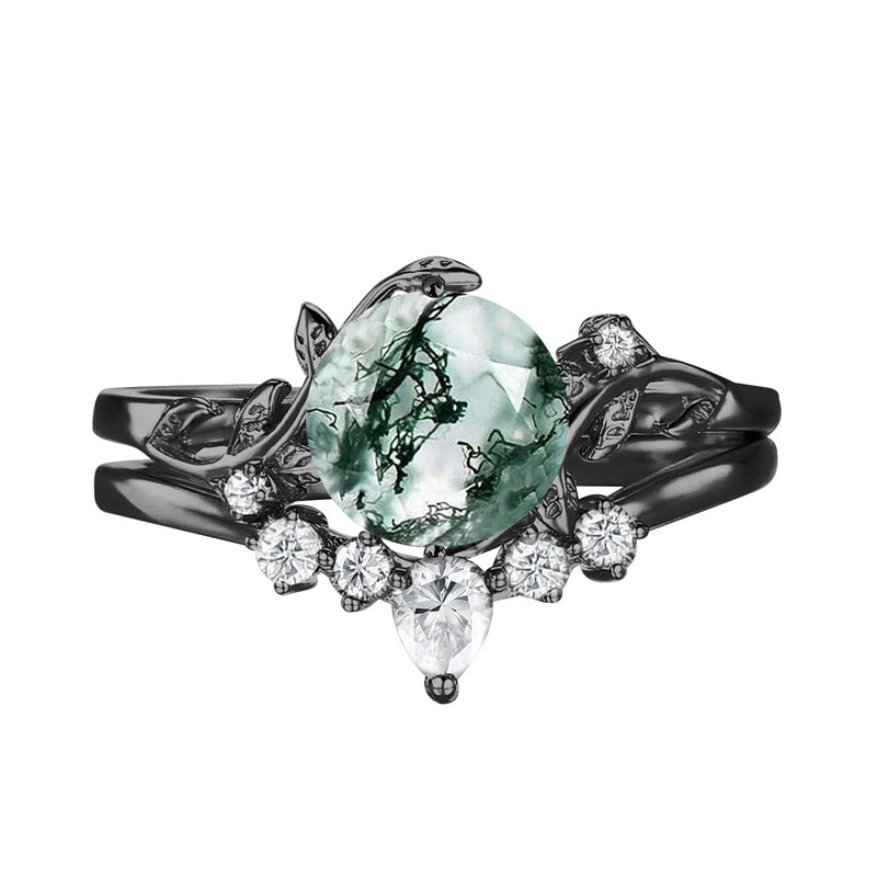 Sterling Silver Personalized Engraved Moss Agate Bridal Wedding Promise Engagement Ring Set for Women