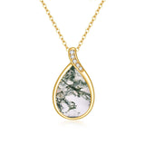 14K Gold Pear Shape TearDangle White Opal Moss Agate Pendant Necklace