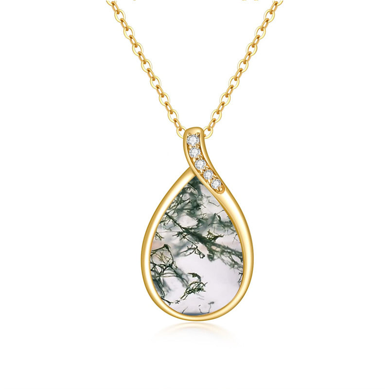 14K Gold Pear Shape TearDangle White Opal Moss Agate Pendant Necklace