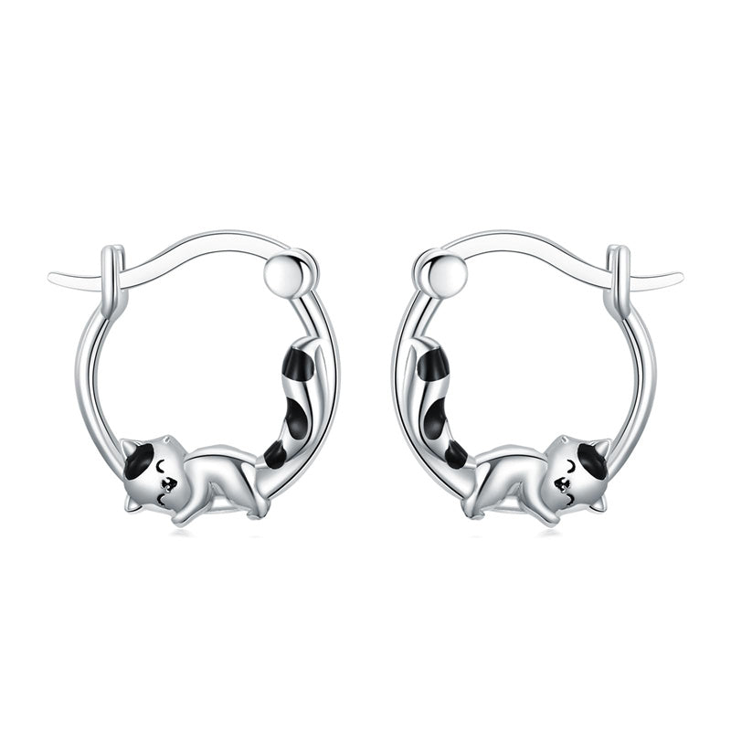 Sterling Silver Raccoon Cat Hoop Earrings