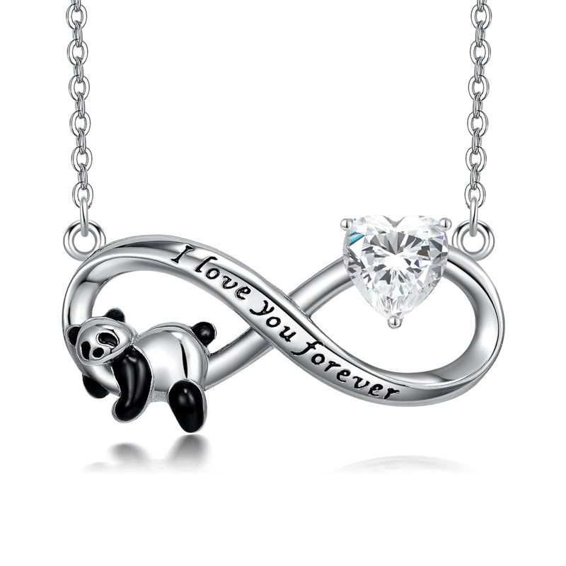 Sterling Silver Birthstone Infinity Panda Pendant Necklace Engraved with I Love Forever