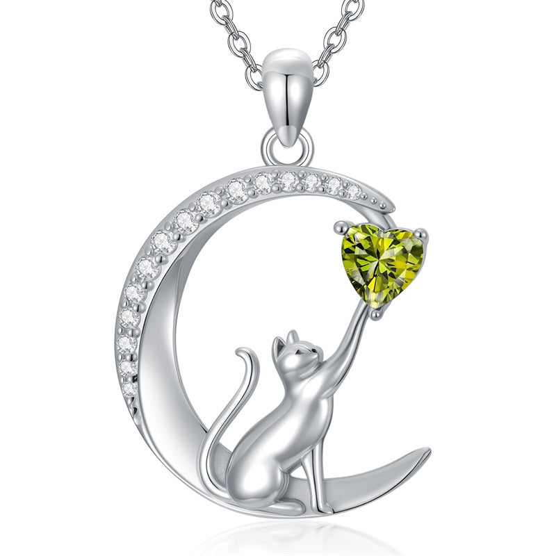 Sterling Silver Heart Birthstone Cat Pendant Necklace
