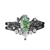 Sterling Silver Personalized Engraved Moss Agate Bridal Wedding Promise Engagement Ring Set for Women