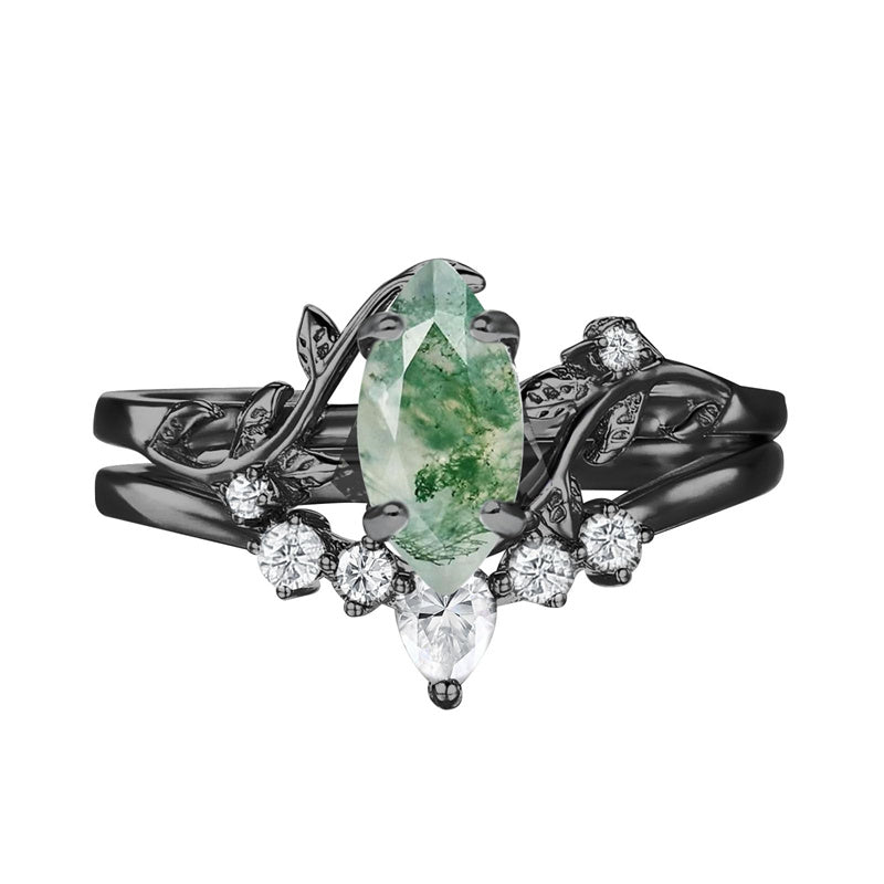 Sterling Silver Personalized Engraved Moss Agate Bridal Wedding Promise Engagement Ring Set for Women