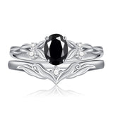 Sterling Silver 10K 14K 18K Gold  Oval Cut Unique Vine Gemstone Wedding Ring Set