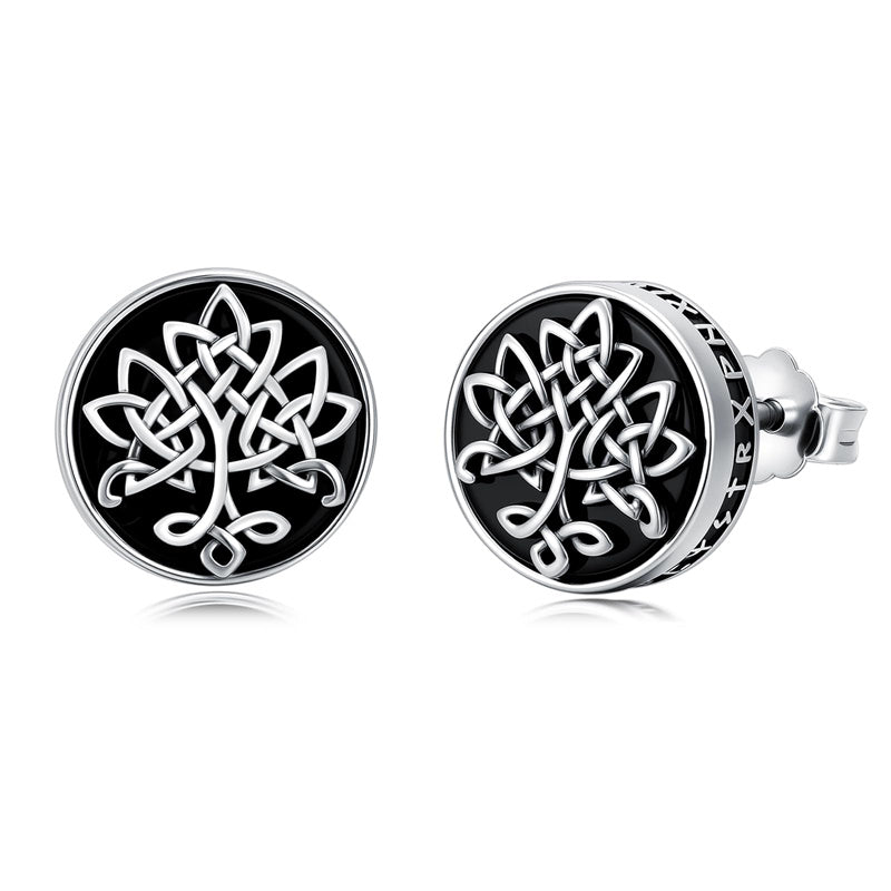 Sterling Silver Black Onyx Tree of Life Ankh Cross Skull Valknu Viking Stud Earrings