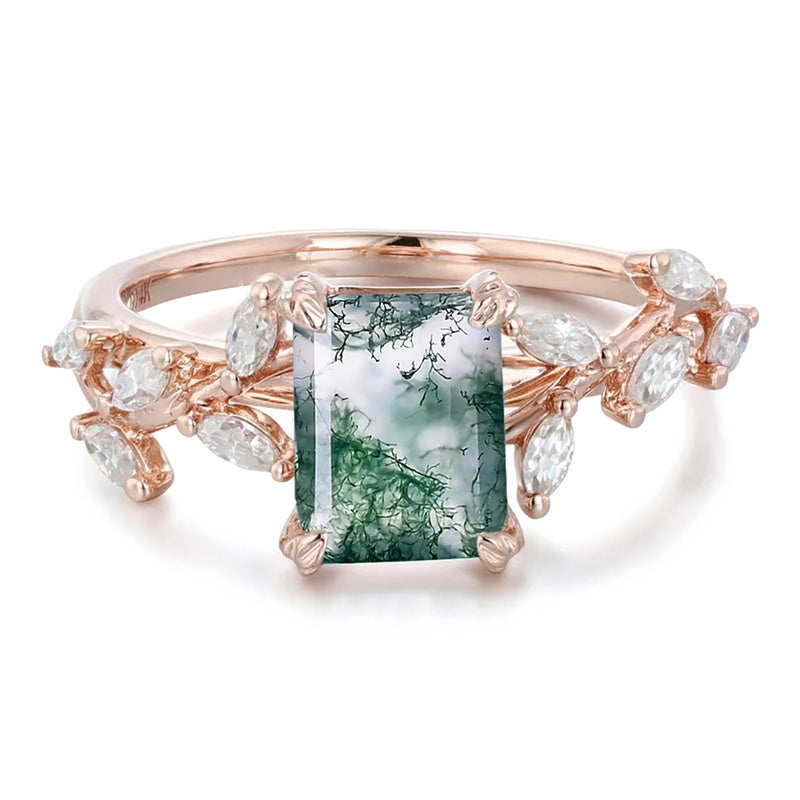 Sterling Silver 10K 14K 18K 2CT Natural Moss Agate Leaf Engagement Wedding Promise Rings Set