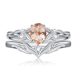 Sterling Silver 10K 14K 18K Gold  Oval Cut Unique Vine Gemstone Wedding Ring Set