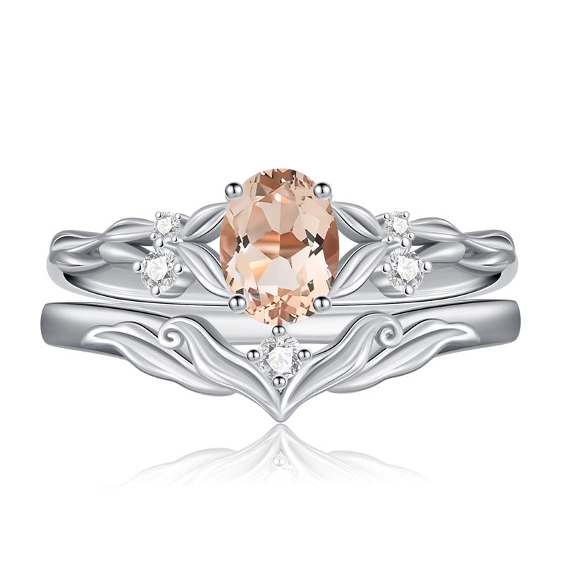 Sterling Silver 10K 14K 18K Gold  Oval Cut Unique Vine Gemstone Wedding Ring Set