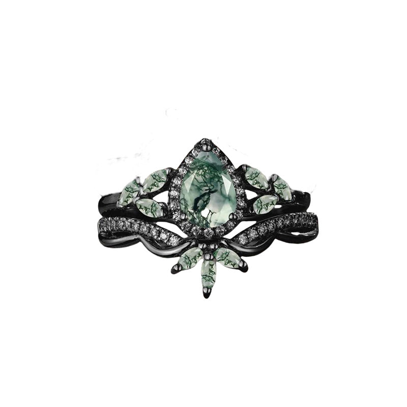 Sterling Silver 10K 14K 18K Gold  Personalized  Engraved Pear Kite Round Cut Moss Agate Engagement Ring Set