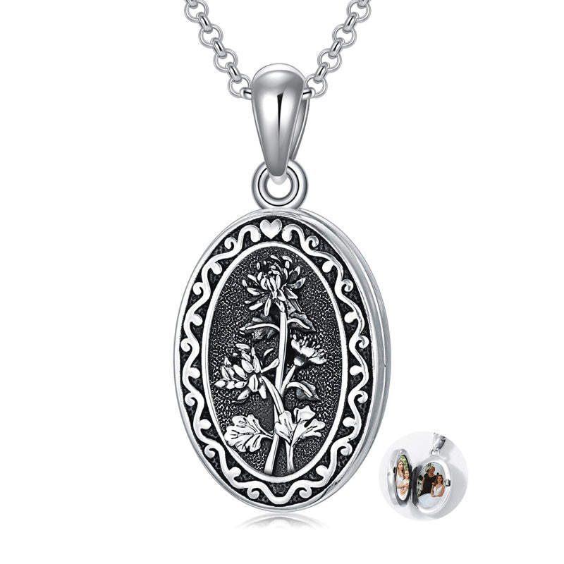 Sterling Silver Personalized Photo 12 Month Birth Flower Pendant Necklace