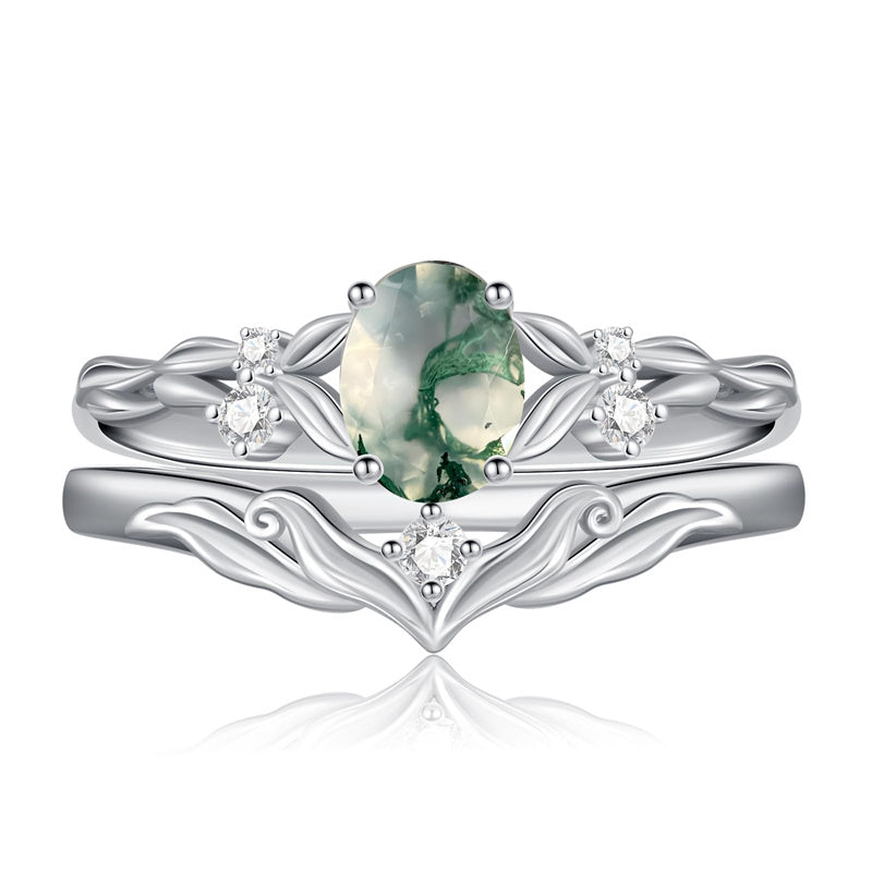 Sterling Silver 10K 14K 18K Gold  Oval Cut Unique Vine Gemstone Wedding Ring Set