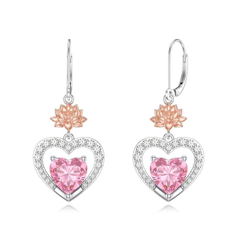 Sterling Silver Heart Cubic Zirconia Sunflower Rose Daisy Lily Lotus Hibiscus Dangle Earrings